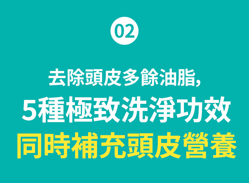 02 去除頭皮多餘油脂, 5種極致洗淨功效 同時補充頭皮營養